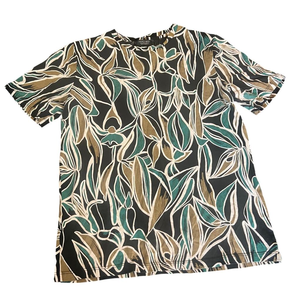 Zara Man Men’s Tropical Leaf Print T-Shirt Black Green Tan Size M/38
